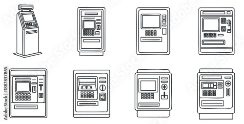 A collection of ATM machines in outline vector style, suitable for financial services and technology-related projects