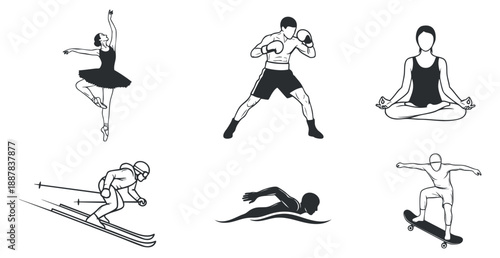 A collection of various sports and fitness activities illustrated in black and white outline style, suitable for health and wellness themes