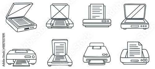 A collection of office equipment icons including scanners, printers, and fax machines in clean black and white outline vector style, suitable for business and technology projects