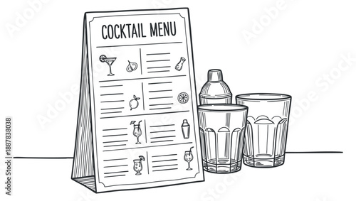 A cocktail menu with various drink illustrations and two glasses in black and white outline vector style, ideal for bar and restaurant branding