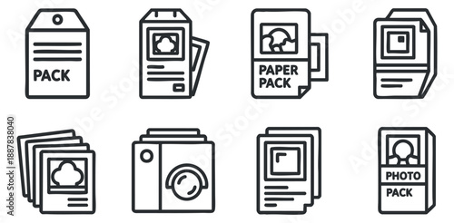 A collection of photo and paper pack icons in clean outline vector style, perfect for digital design projects