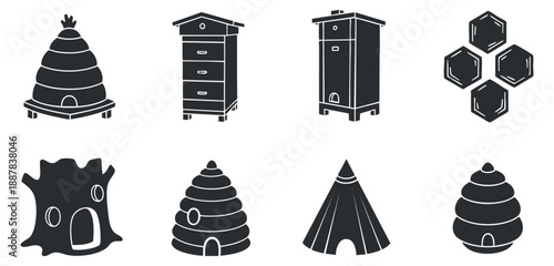 A collection of various beehive icons including traditional hives and honeycombs in black vector style, ideal for agricultural and nature-themed projects