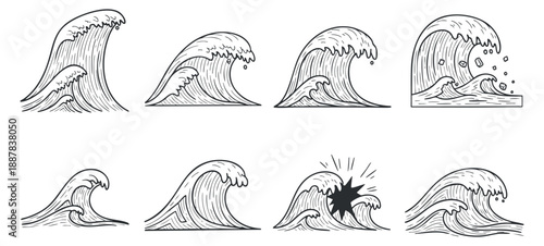 A collection of wave illustrations in black and white line art style, ideal for nautical-themed designs and branding
