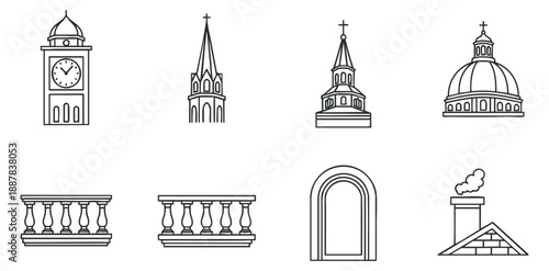 A collection of architectural elements including a clock tower, church steeples, domes, and decorative balconies in linear outline vector style, ideal for architectural design projects