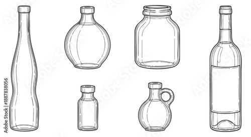 A collection of various bottle shapes in minimalist outline vector style, ideal for packaging design and branding