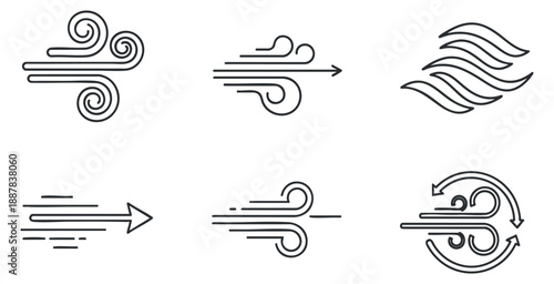 A collection of wind and air symbols in modern outline vector style, suitable for environmental and weather-themed designs