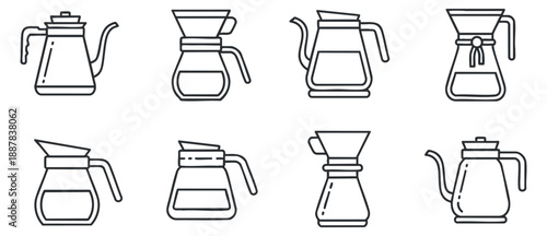 A collection of coffee brewing equipment icons in clean line art vector style, suitable for cafe branding and menu design