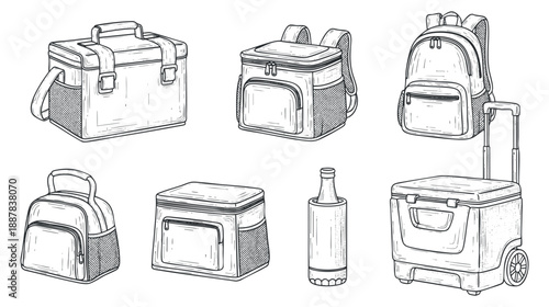 A collection of outdoor and travel bags including backpacks, coolers, and lunchboxes in detailed hand-drawn sketch style, ideal for adventure and camping themed designs