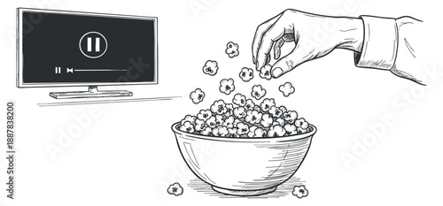 A hand reaching for popcorn from a bowl with a television in outline black and white vector style, ideal for movie night themes