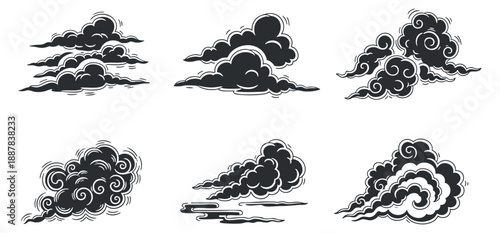 A collection of various cloud illustrations in black and white outline vector style, suitable for weather-themed designs