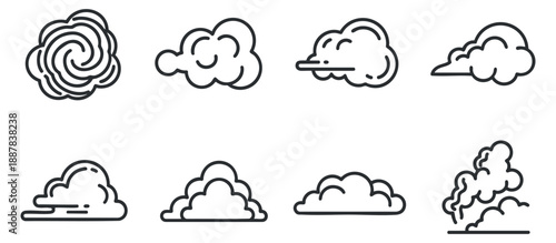 A collection of various cloud designs in clean outline vector style, ideal for weather-themed projects and illustrations