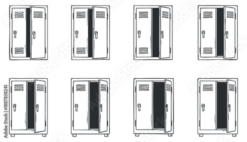 A collection of locker illustrations showing various open and closed states in clean black and white outline vector style, ideal for educational and organizational designs