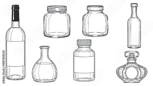 A collection of various glass bottles and jars in outline vector style, suitable for packaging and branding design