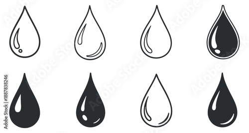 A set of eight water droplet icons in black and white outline and solid vector style, ideal for environmental design projects.