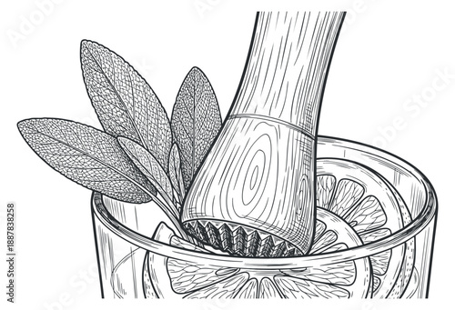 A muddler crushing mint leaves and lemon slices in a glass in black and white outline vector style, ideal for cocktail recipe illustrations