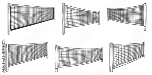 A set of six tennis nets in outlined black and white vector style, ideal for sports branding and recreational design