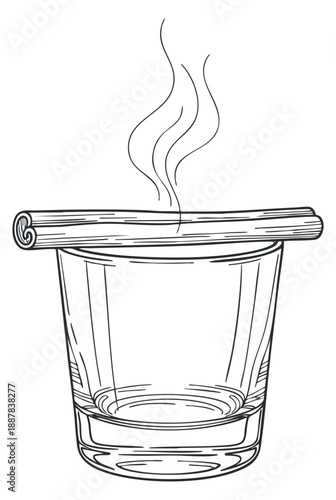 A steaming cup of coffee with a cinnamon stick in minimalist lineart vector style, ideal for cafe branding and food illustrations