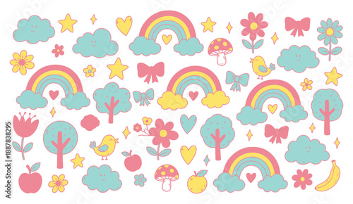 Crayon drawn kid doodle collection. Colorful childish elements like clouds, flowers, bows, rainbows and sun on transparent background
