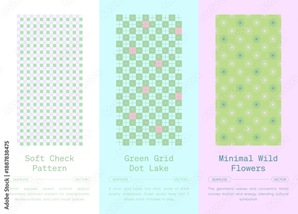 Naklejka premium Soft check and minimal flower seamless pattern collection, pastel gingham grid with dots and daisy floral repeats for cute modern background, wallpaper, textile, wrapping