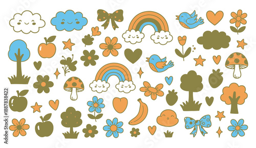 Crayon drawn kid doodle collection. Colorful childish elements like clouds, flowers, bows, rainbows and sun on transparent background