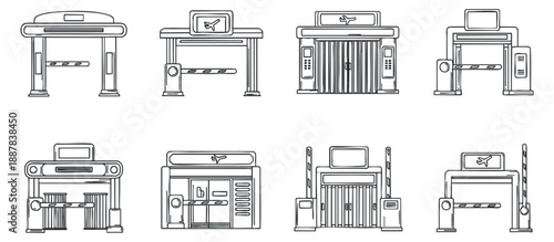A collection of airport security checkpoints in outline vector style, suitable for travel and transportation design projects