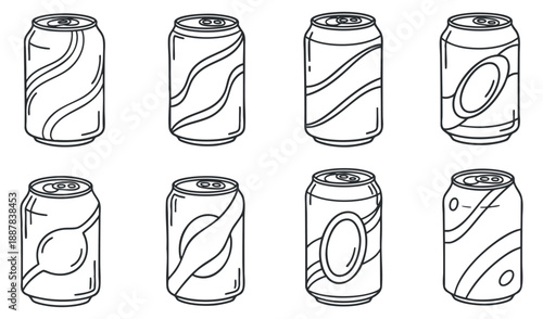 A collection of eight illustrated soda cans in outline minimalist vector style, suitable for beverage branding and packaging design