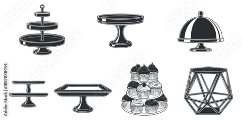 A collection of elegant cake stands and dessert displays in black and white minimalist vector style, ideal for bakery branding and event decoration