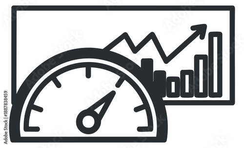 A performance gauge with a rising chart and bars in black outline vector style, suitable for business analytics and reporting
