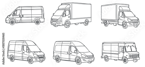 A collection of outlined delivery vans and trucks in black and white vector style, suitable for logistics and transportation branding