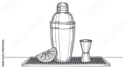 A cocktail shaker with a lime wedge and jigger on a bar mat in minimalist black and white outline vector style, ideal for cocktail menus and bar branding
