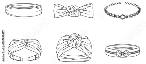 A collection of various headbands and hair accessories in minimalist line art vector style, ideal for fashion design and branding