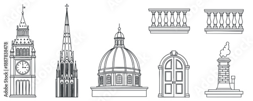 A collection of architectural landmarks including a dome, bell tower, and balustrade in outline vector style, suitable for design projects and illustrations