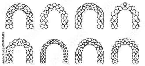 A collection of eight decorative arches in black outline vector style, suitable for creative design projects and event decorations