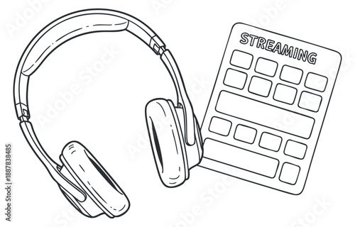 A pair of headphones next to a streaming content list in black and white outline vector style, suitable for music and technology projects