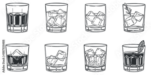 A set of eight different cocktail glasses with ice in black and white outline vector style, suitable for bar and restaurant branding