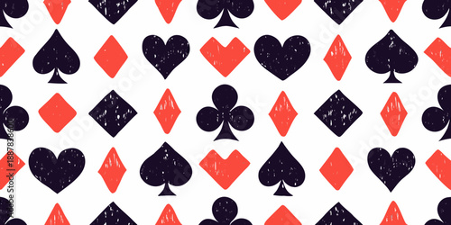 A playful pattern of red and black card suits on a white background