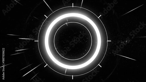 Abstract black and white background with concentric circles and glowing lines, creating a futuristic effect.