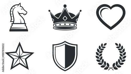 A collection of chess knight, crown, heart, star, shield, and laurel icons in clean black and white outline vector style, ideal for game design and branding