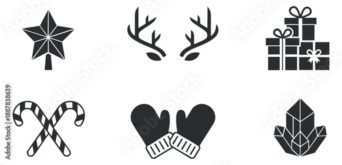 A collection of Christmas-themed icons including a star, antlers, gifts, candy canes, and mittens in black and white outline vector style, perfect for holiday design projects
