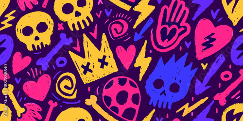 Colorful doodle pattern featuring skulls hearts lightning and playful vibrant shapes
