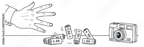 A hand reaching for a set of AA batteries near a camera in minimalist black and white vector style, ideal for technology and photography themes