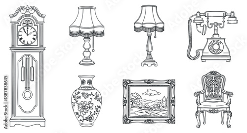 A collection of vintage home decor items including a clock, lamp, vase, picture frame, chair, and telephone in elegant outline style, ideal for interior design projects