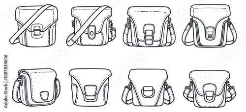 A collection of six messenger bags in outline vector style, ideal for fashion and accessory design projects