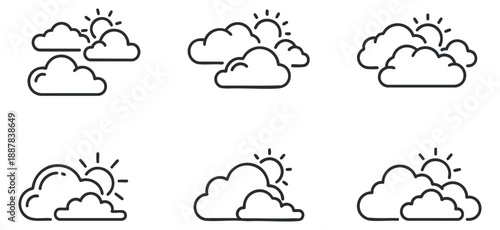 A set of six outline vector icons depicting various cloud and sun combinations in minimalist style, ideal for weather-related designs