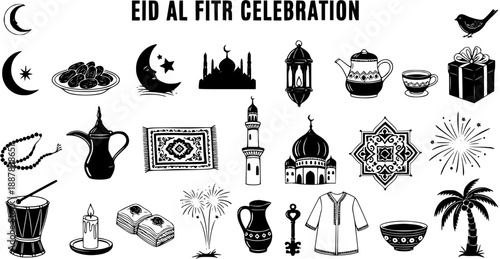 Eid Al Fitr Celebration Islamic Icons - Crescent Moon, Mosque, Lantern, Dates, Coffee, Gifts, Carpet, Calligraphy - Black and White Vector Line Art