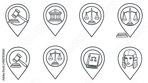 A collection of legal icons including a gavel, courthouse, and scales of justice in outline vector style, suitable for legal branding and educational materials