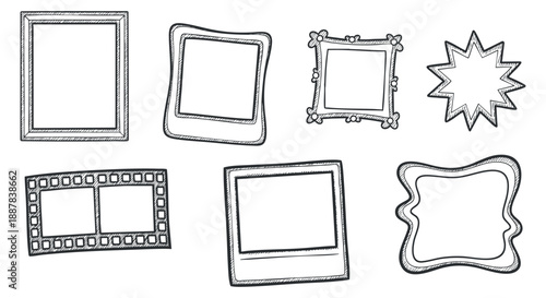 A collection of various sketch-style picture frames in black and white vector illustration, ideal for art projects and creative displays