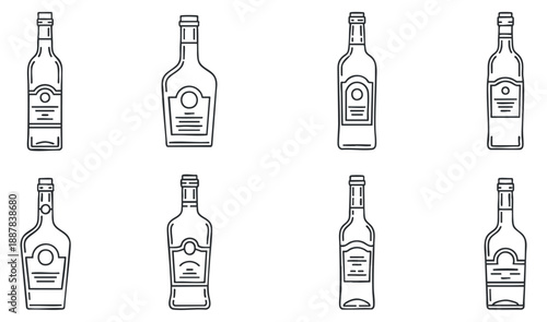 A set of liquor bottles in minimalist outline vector style, suitable for bar menus and beverage branding