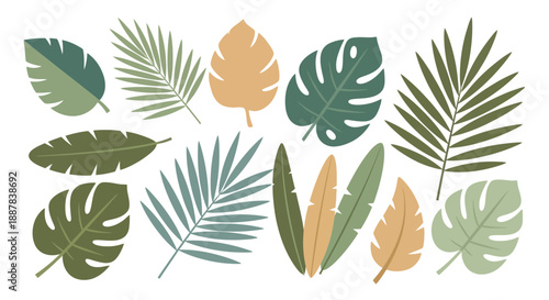 A vibrant arrangement of tropical leaves including palm, pine, and monstera on a white background with lush green and earthy tones.