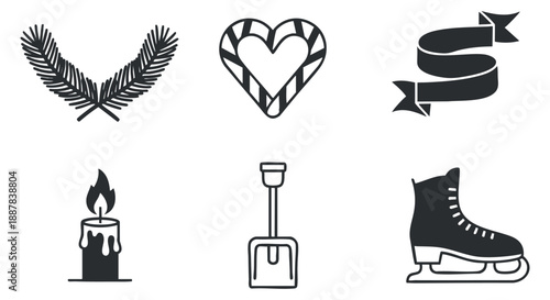 A collection of holiday-themed icons featuring a candle, heart, shovel, fir branch, and ice skate in black and white outline vector style, perfect for seasonal designs and decorations